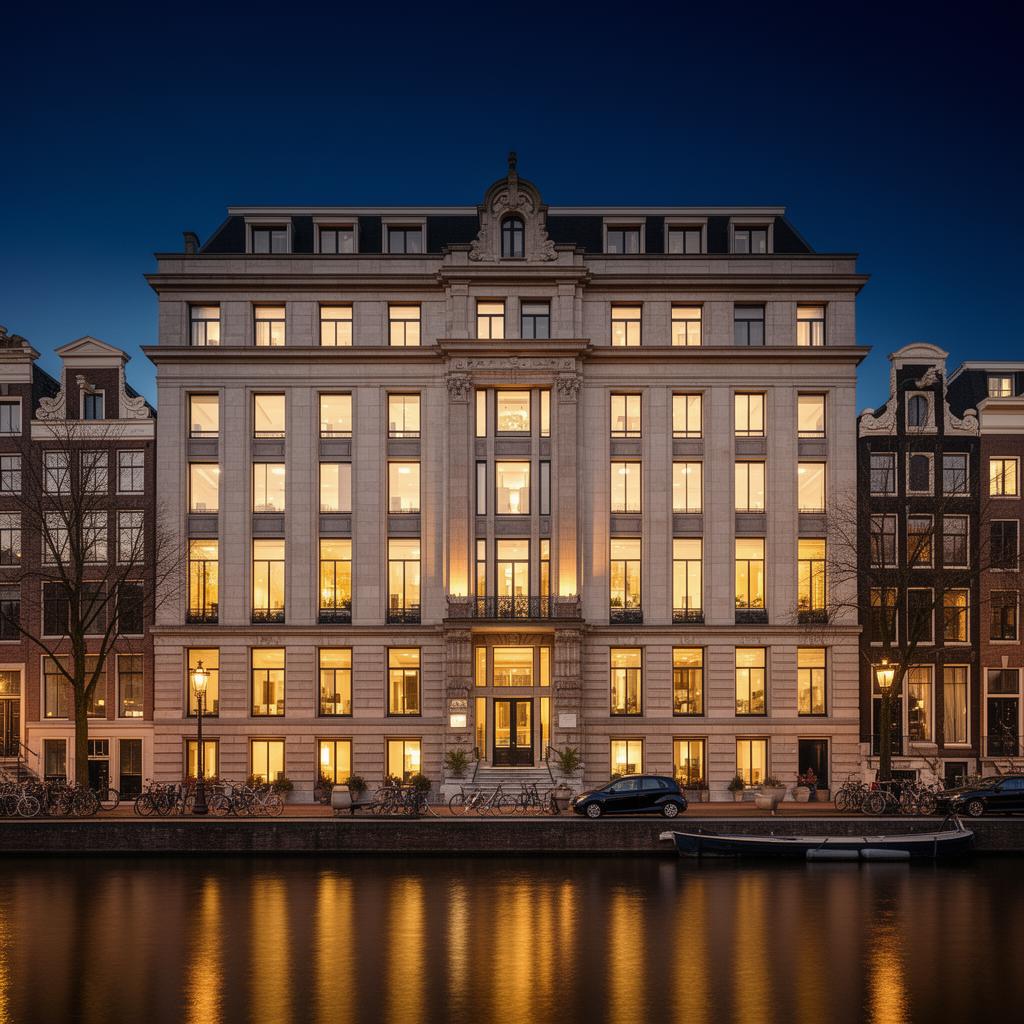 Statig kantoorpand aan de Amsterdamse gracht bij avondlicht