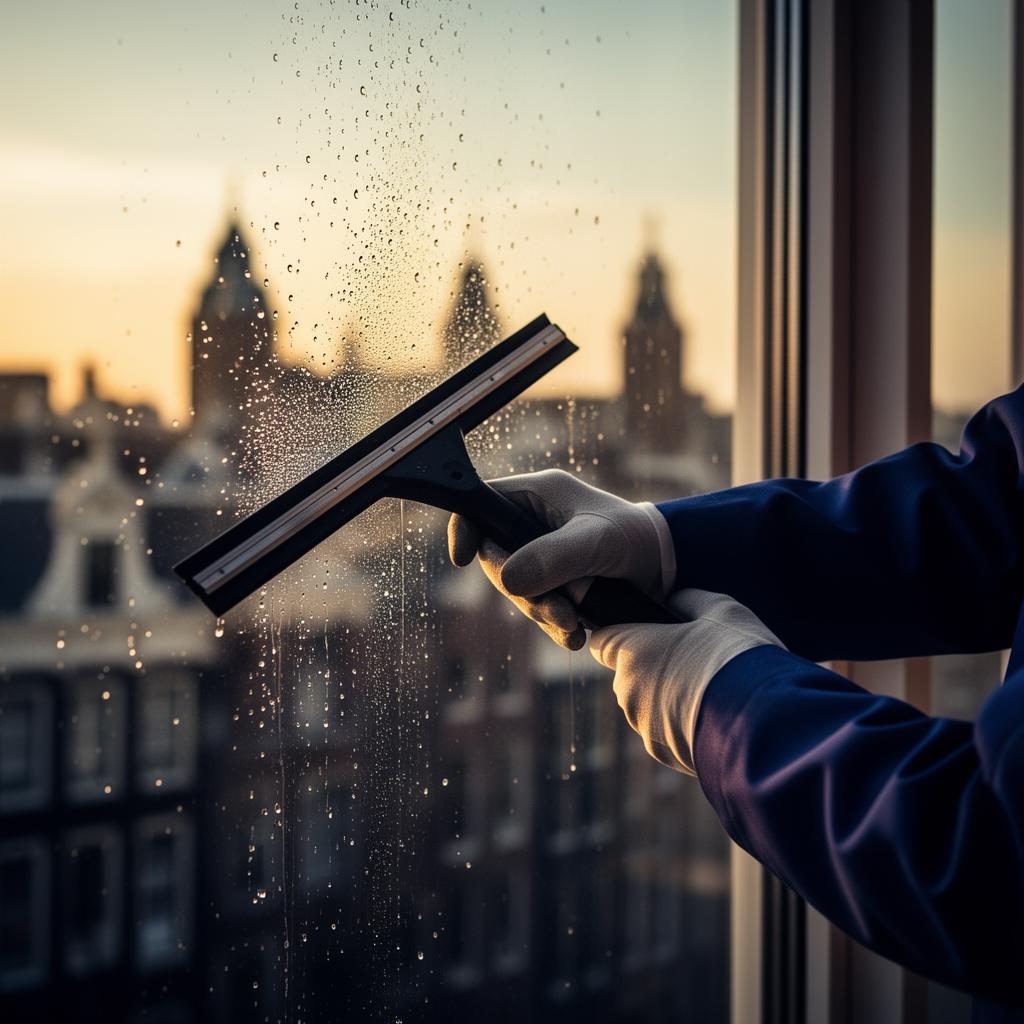 Professionele glazenwasser aan het werk in Amsterdam