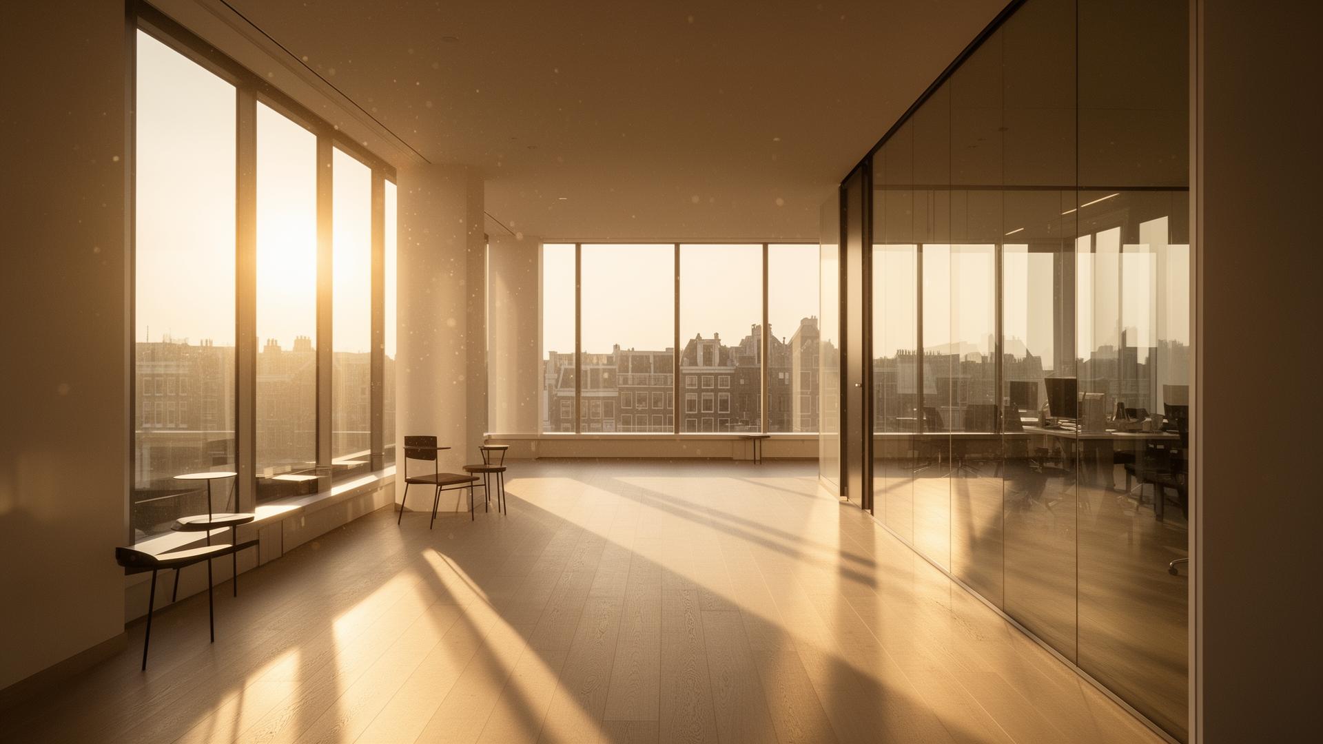 Modern Amsterdam kantoorinterieur bij gouden uur